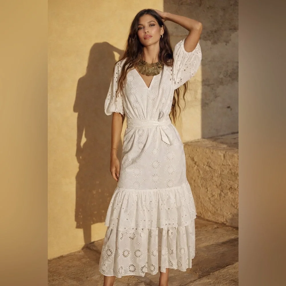 ZARA BELTED EMBROIDERED MIDI DRESS OYSTER WHITE SIZE S - Picture 3 of 15